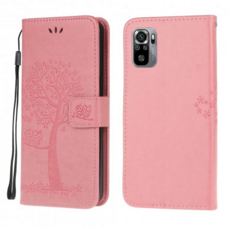 Folio-hoesje voor Xiaomi Redmi Note 10 / 10S Met Ketting String Boom En Uilen