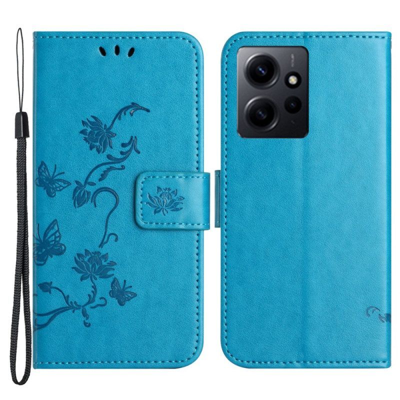 Folio-hoesje voor Xiaomi Redmi Note 12 4G Met Ketting Bloemen En Vlinders Met Riem