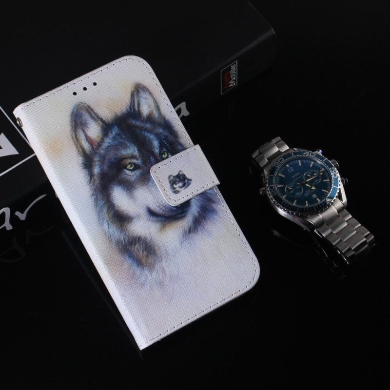 Folio-hoesje voor Xiaomi Redmi Note 12 5G Met Ketting Strappy Aquarel Wolf