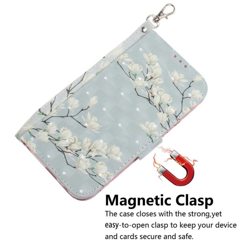 Folio-hoesje voor Xiaomi Redmi Note 12 5G Met Ketting Witte Bloemen Met Bandjes