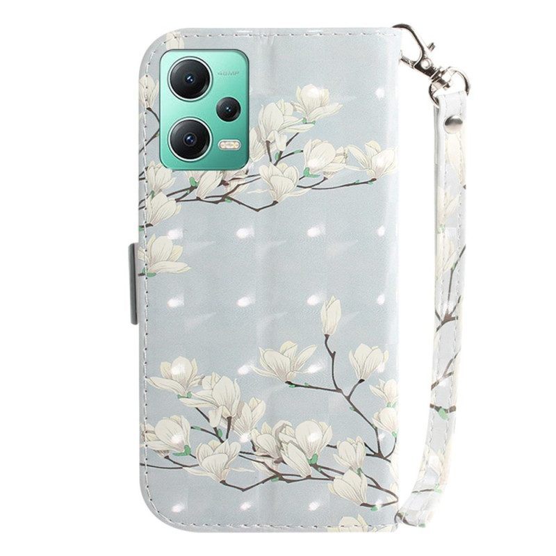 Folio-hoesje voor Xiaomi Redmi Note 12 5G Met Ketting Witte Bloemen Met Bandjes