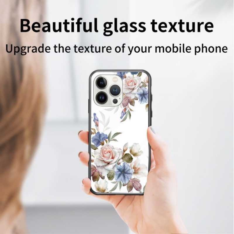 Hoesje voor iPhone 15 Pro Gebloemd Gehard Glas Met Steunring