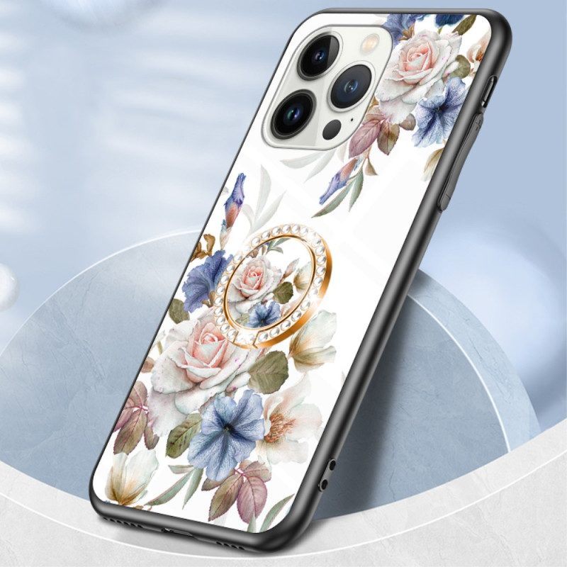 Hoesje voor iPhone 15 Pro Gebloemd Gehard Glas Met Steunring