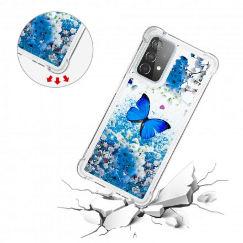 Hoesje voor Samsung Galaxy A52 4G / A52 5G / A52s 5G Glitter Blauwe Vlinders