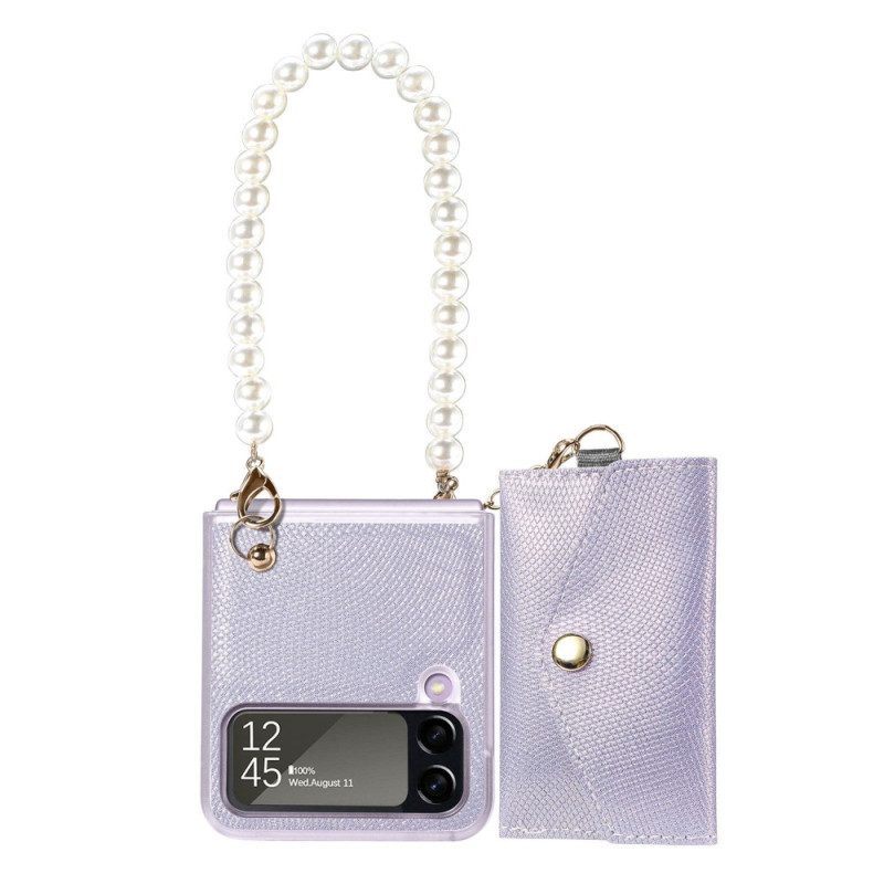 Hoesje voor Samsung Galaxy Z Flip 4 Folio-hoesje Kaarthouder En Lanyard Beads