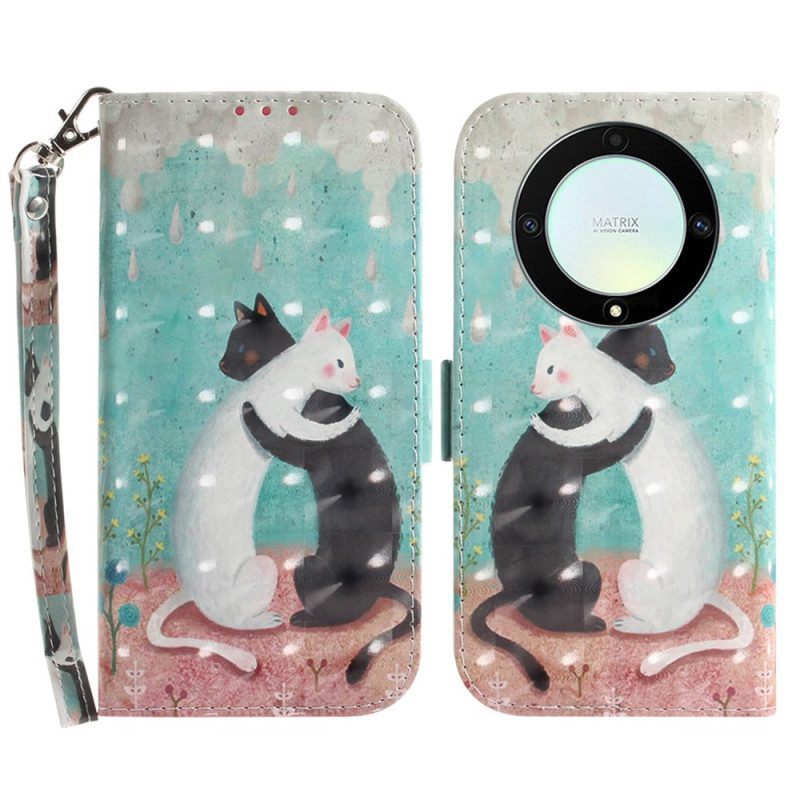 Leren Hoesje voor Honor Magic 5 Lite Met Ketting Witte Kat Zwarte Kat Met Riem