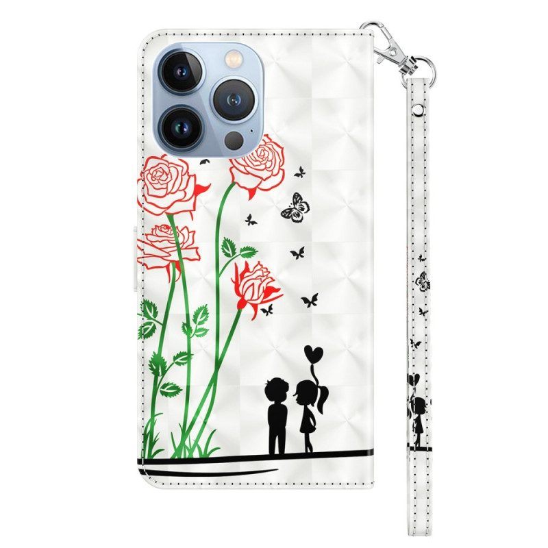 Leren Hoesje voor iPhone 14 Met Ketting Lanyard Liefde Paardebloemen