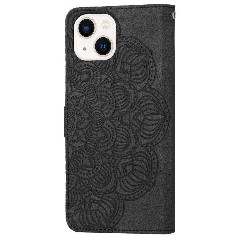 Leren Hoesje voor iPhone 14 Met Ketting Strakke Mandala