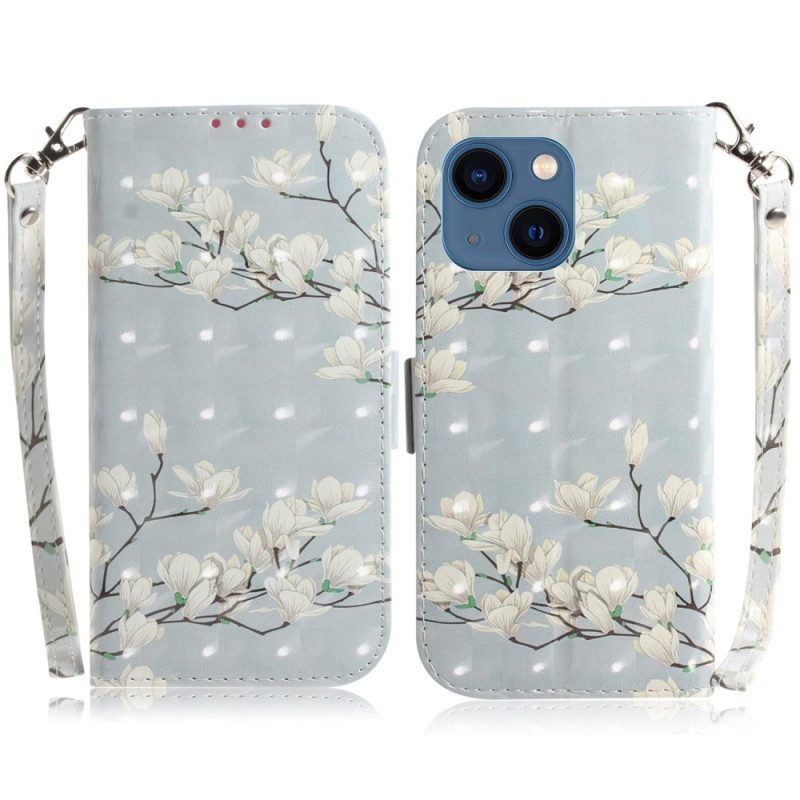 Leren Hoesje voor iPhone 14 Plus Met Ketting Riem Bloemtakken