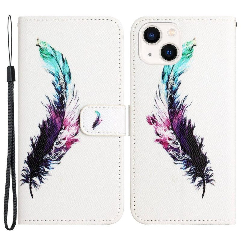 Leren Hoesje voor iPhone 14 Plus Met Ketting Riem Veren