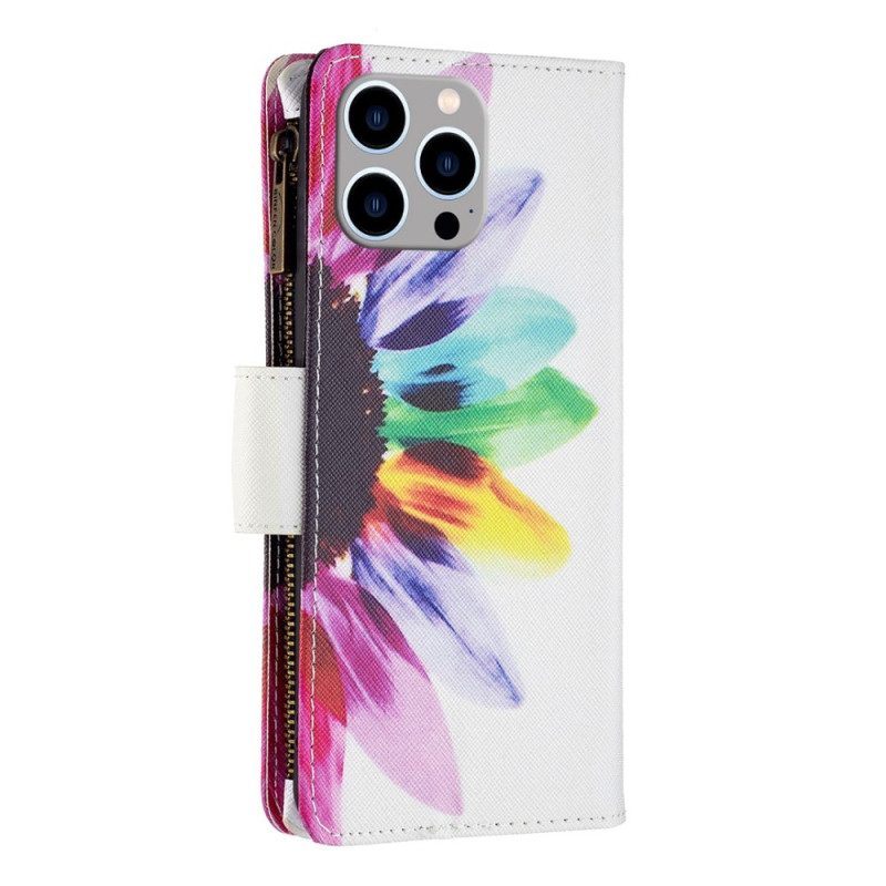 Leren Hoesje voor iPhone 14 Pro Max Bloemzak Met Ritssluiting