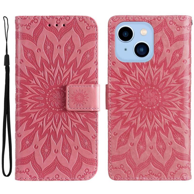 Leren Hoesje voor iPhone 14 Pro Max Mandala Zon Met Lanyard