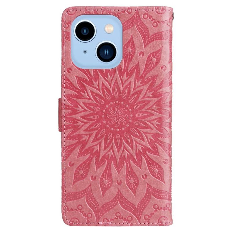 Leren Hoesje voor iPhone 14 Pro Max Mandala Zon Met Lanyard