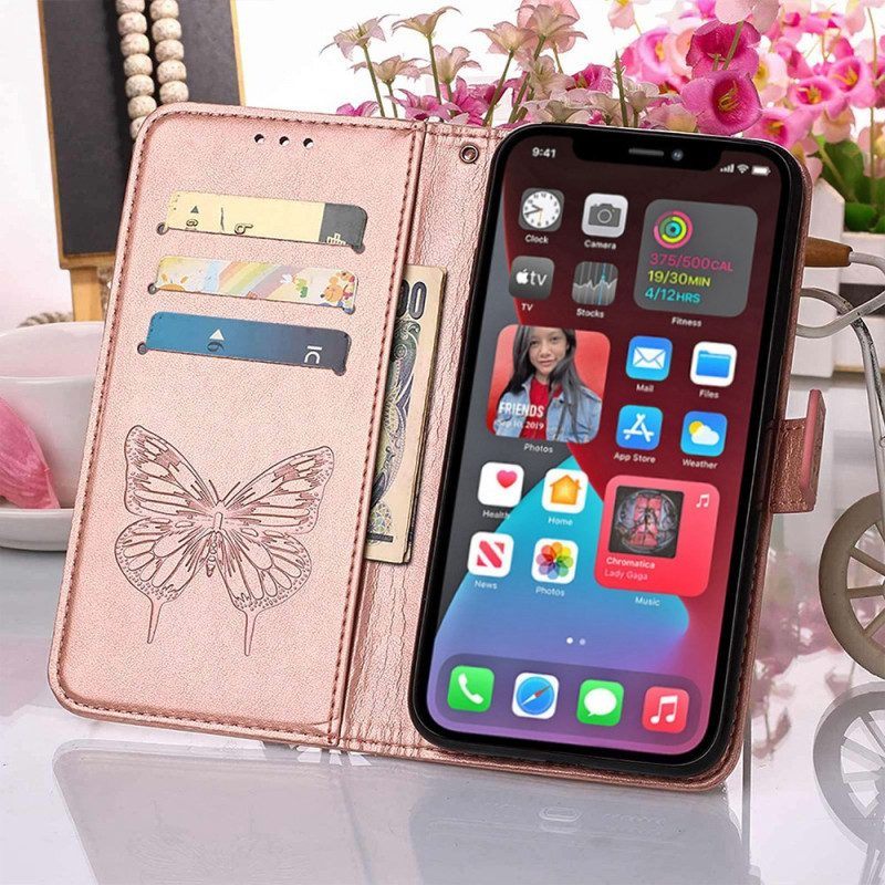 Leren Hoesje voor iPhone 14 Pro Max Met Ketting Barokke Strappy Vlinder