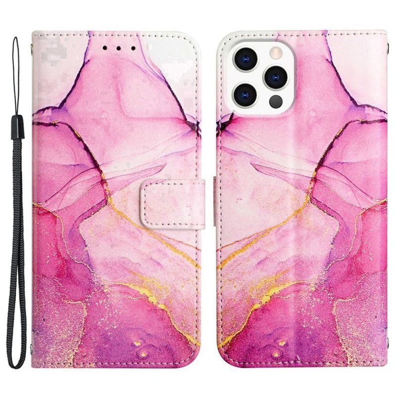 Leren Hoesje voor iPhone 14 Pro Max Met Ketting Marmer Strippen