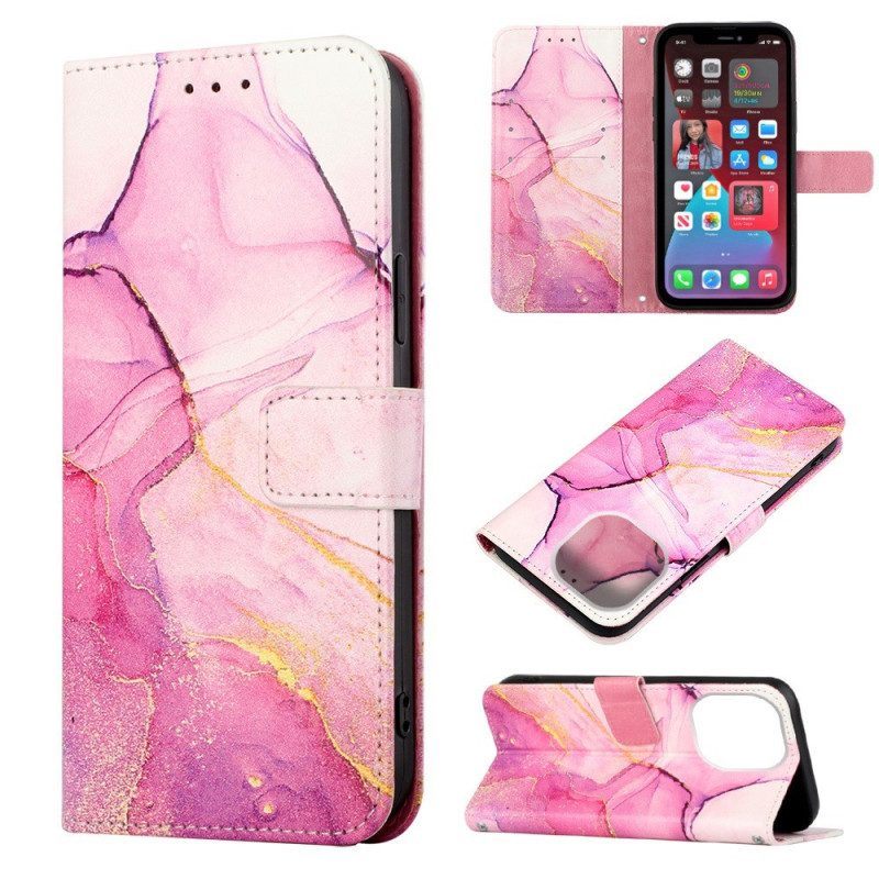 Leren Hoesje voor iPhone 14 Pro Max Met Ketting Marmer Strippen