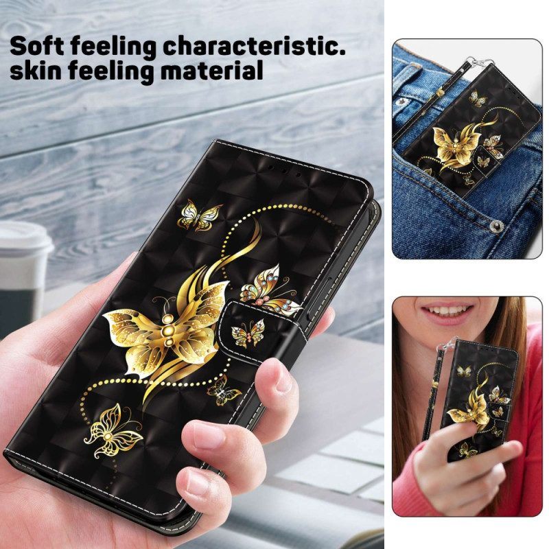 Leren Hoesje voor iPhone 14 Pro Met Ketting Gouden Vlinders Met Riem