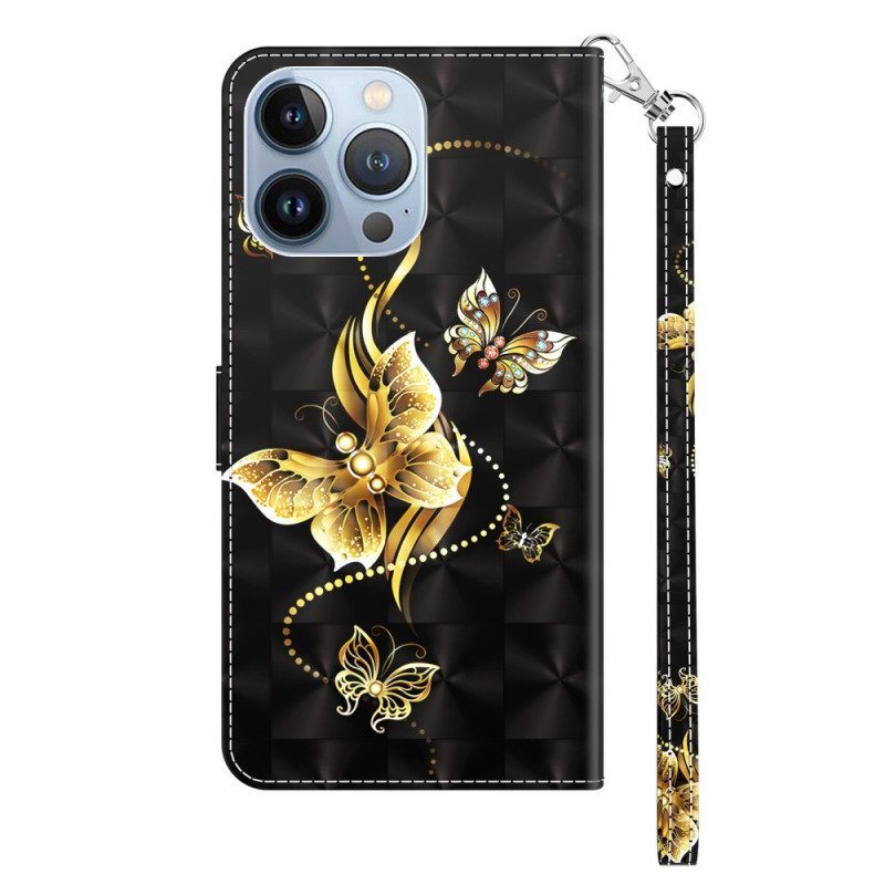 Leren Hoesje voor iPhone 14 Pro Met Ketting Gouden Vlinders Met Riem