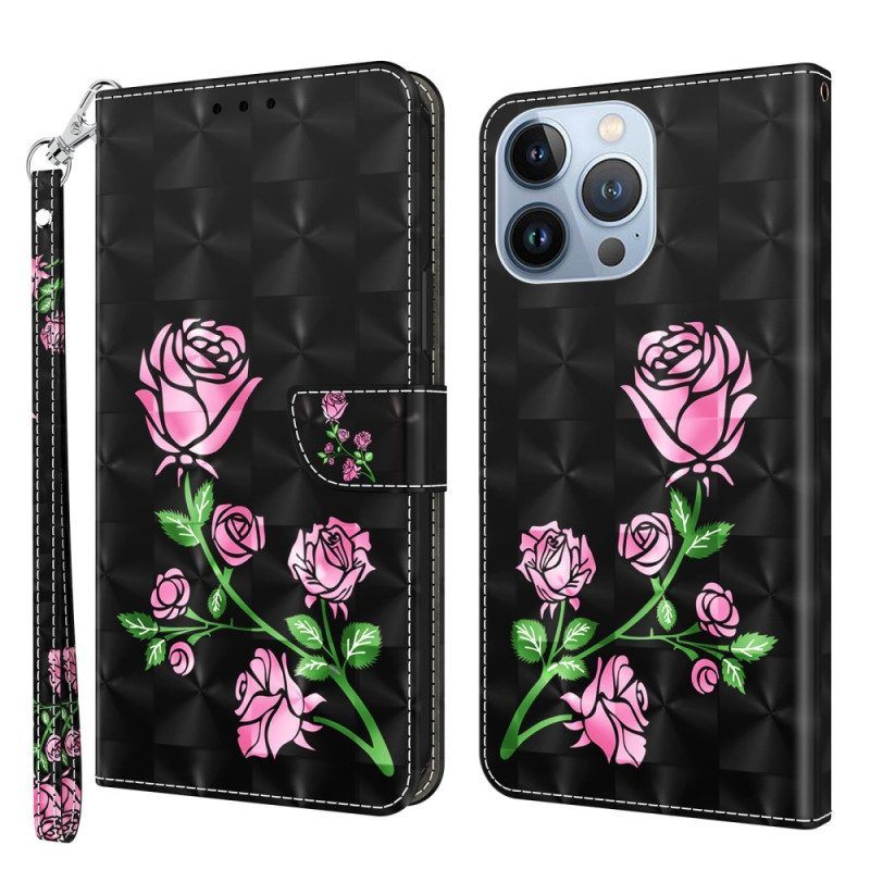 Leren Hoesje voor iPhone 14 Pro Met Ketting Riem Rozen