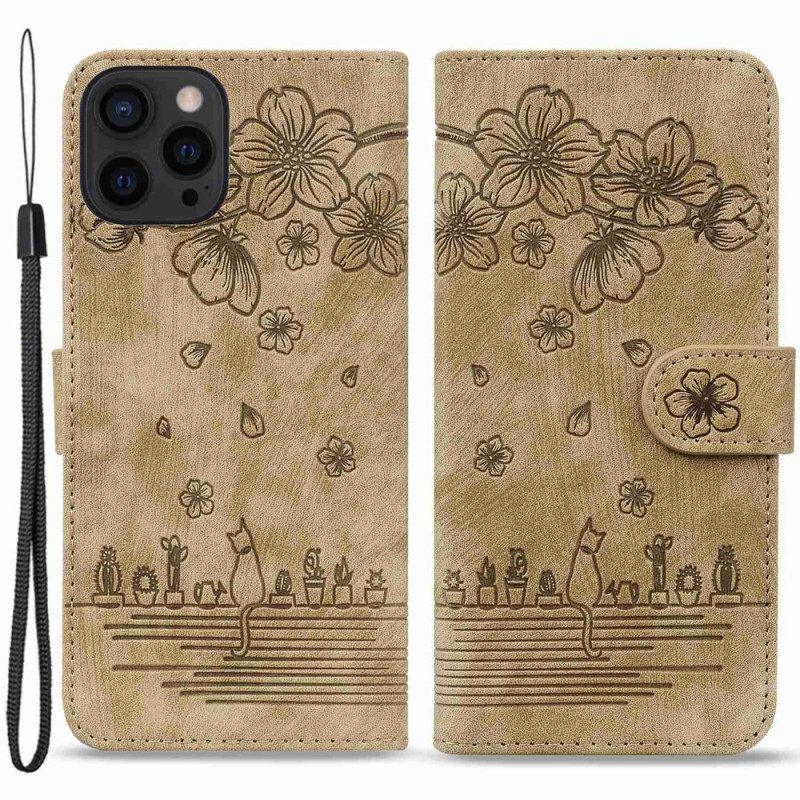 Leren Hoesje voor iPhone 14 Pro Met Ketting Strappy Kattenprint