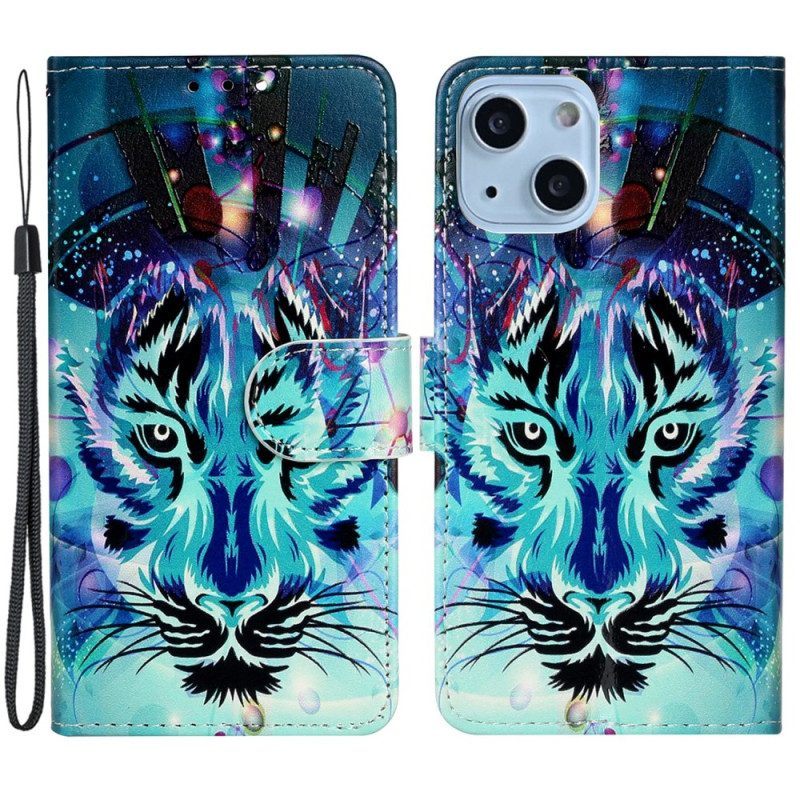 Leren Hoesje voor iPhone 15 Elektrische Wolf Met Draagkoord