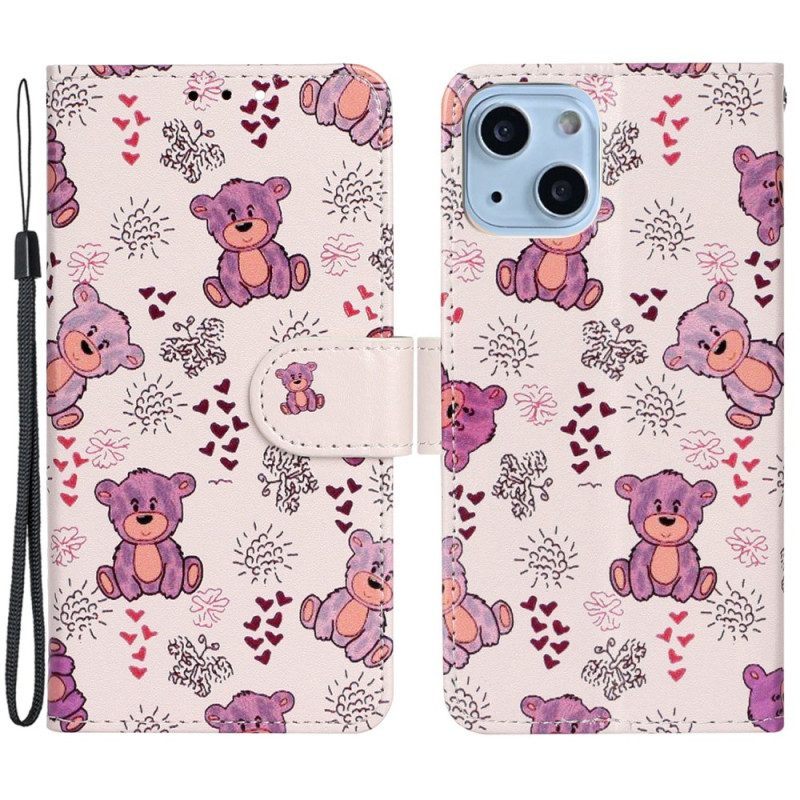 Leren Hoesje voor iPhone 15 Met Ketting Kleine Teddyberen Met Riem