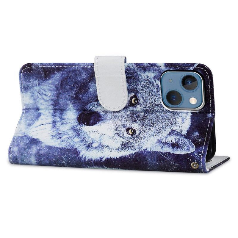 Leren Hoesje voor iPhone 15 Met Ketting Witte Wolf Met Riem