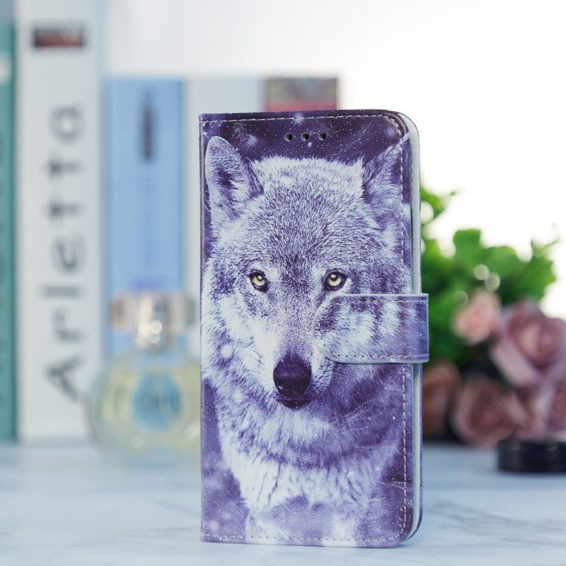 Leren Hoesje voor iPhone 15 Met Ketting Witte Wolf Met Riem