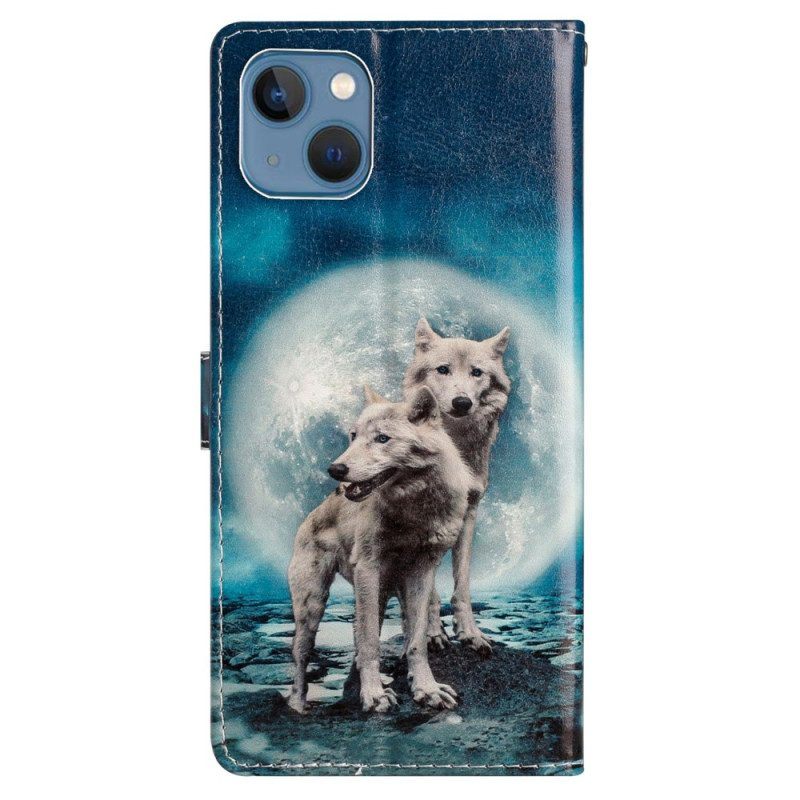 Leren Hoesje voor iPhone 15 Met Ketting Wolven Onder Het Maankoord