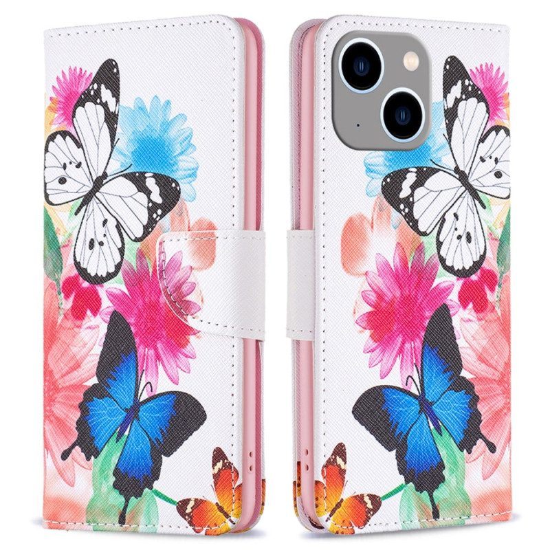 Leren Hoesje voor iPhone 15 Plus Aquarelvlinders