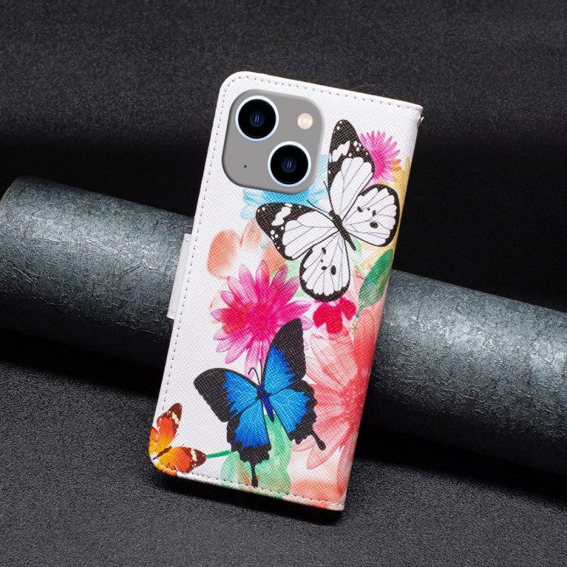 Leren Hoesje voor iPhone 15 Plus Aquarelvlinders