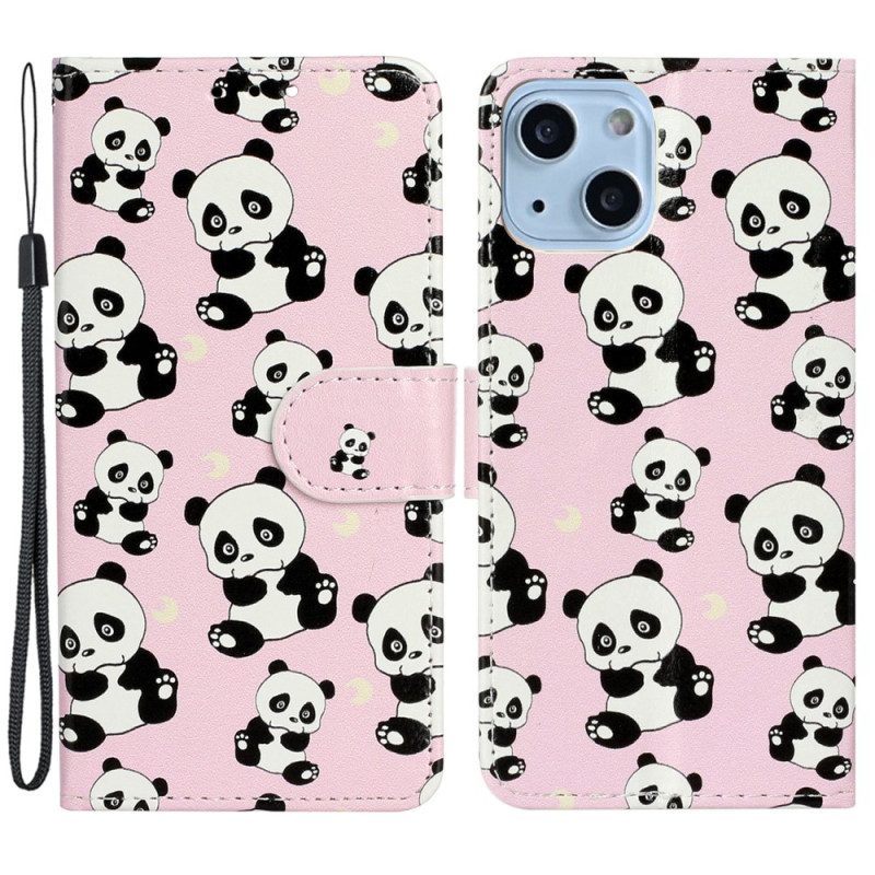 Leren Hoesje voor iPhone 15 Plus Met Ketting Kleine Panda's Met Riem