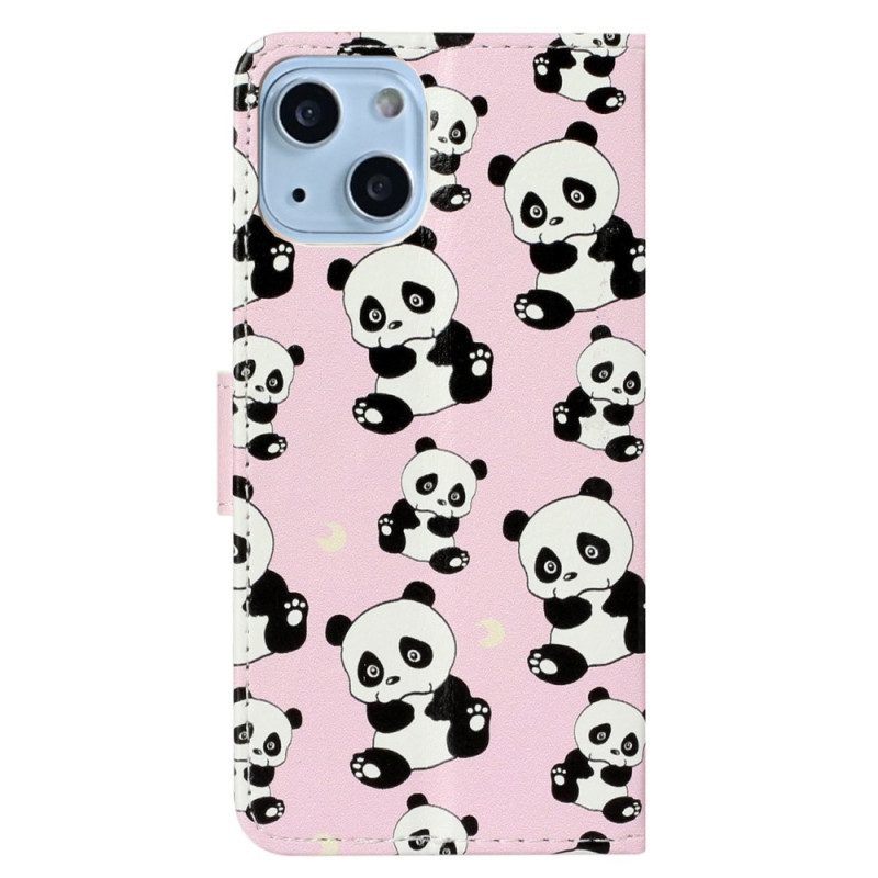 Leren Hoesje voor iPhone 15 Plus Met Ketting Kleine Panda's Met Riem