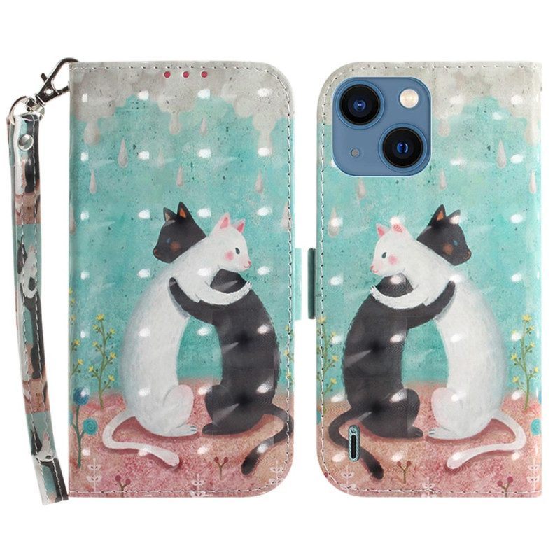 Leren Hoesje voor iPhone 15 Plus Met Ketting Zwarte Kat Witte Kat Met Riem