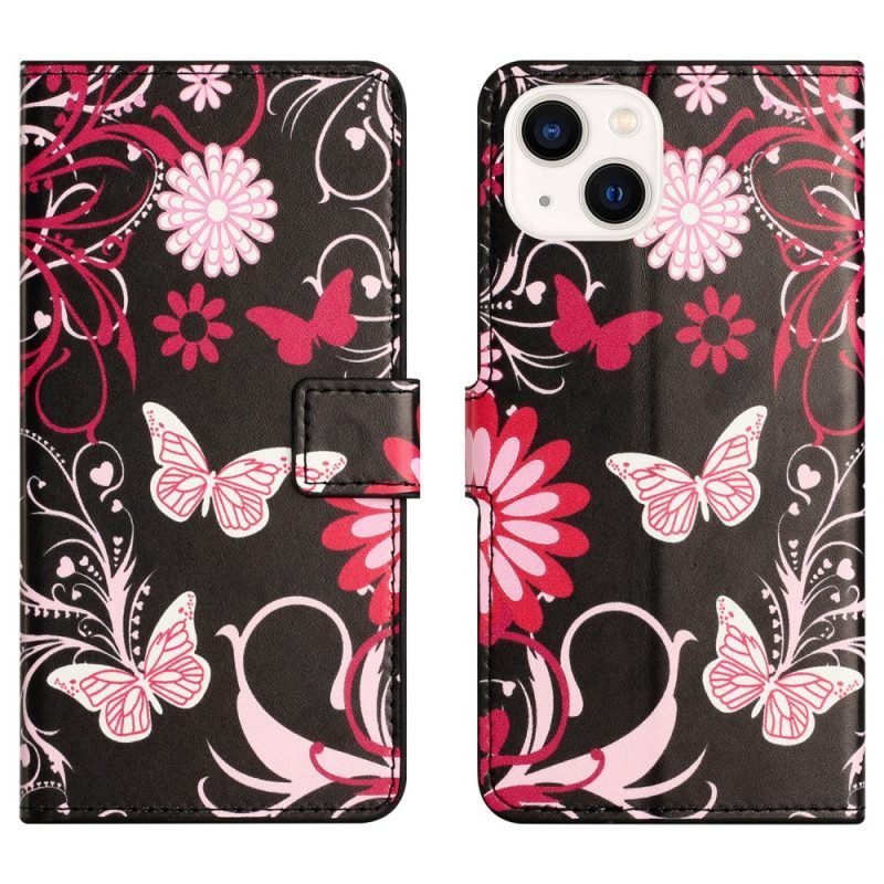 Leren Hoesje voor iPhone 15 Plus Prachtige Vlinders