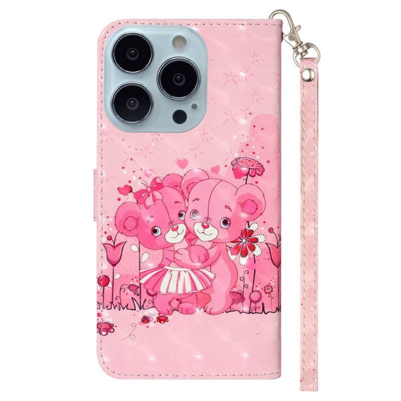 Leren Hoesje voor iPhone 15 Pro Max Met Ketting 3d Teddyberen Met Riem