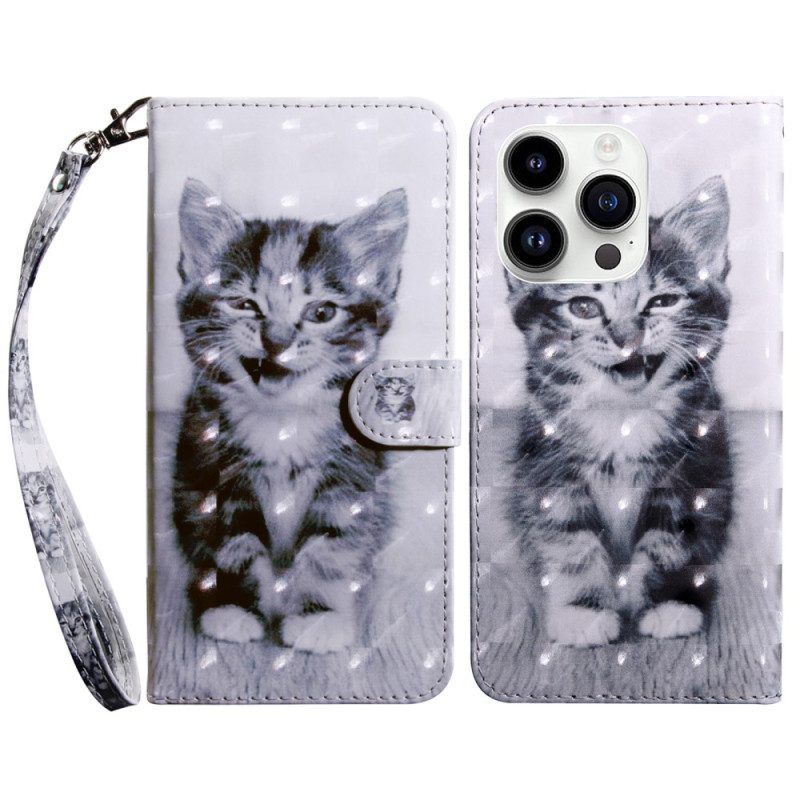 Leren Hoesje voor iPhone 15 Pro Max Met Ketting Katje Met Riempje