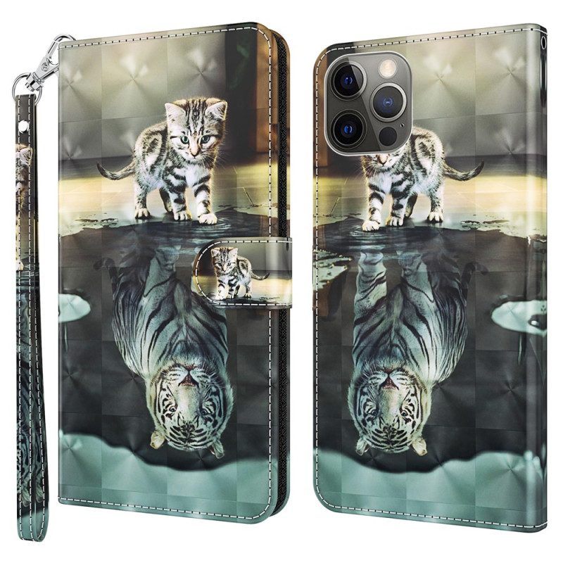 Leren Hoesje voor iPhone 15 Pro Met Ketting 3d Kitten Dream Met Riem