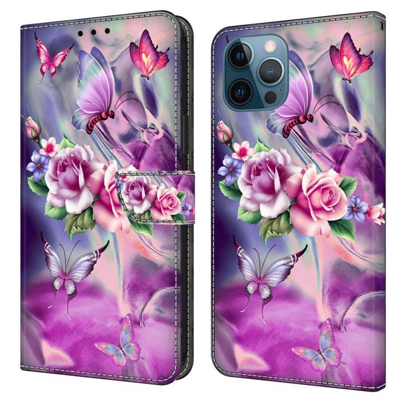 Leren Hoesje voor iPhone 15 Pro Mooie Bloemen