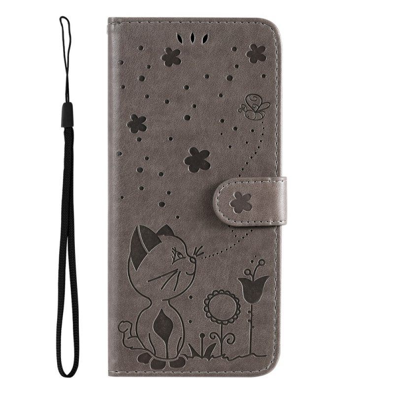 Leren Hoesje voor Moto E40 / E30 / E20 Met Ketting Kat En Bij Met Lanyard