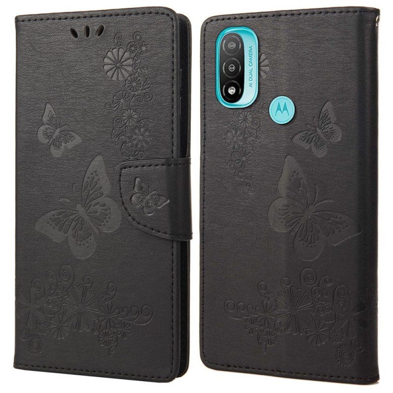 Leren Hoesje voor Moto E40 / E30 / E20 Met Ketting Prachtige Riemvlinders