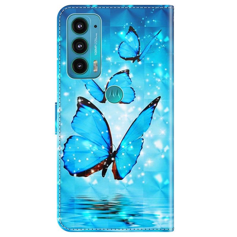 Leren Hoesje voor Moto E40 / E30 / E20 Vliegende Blauwe Vlinders