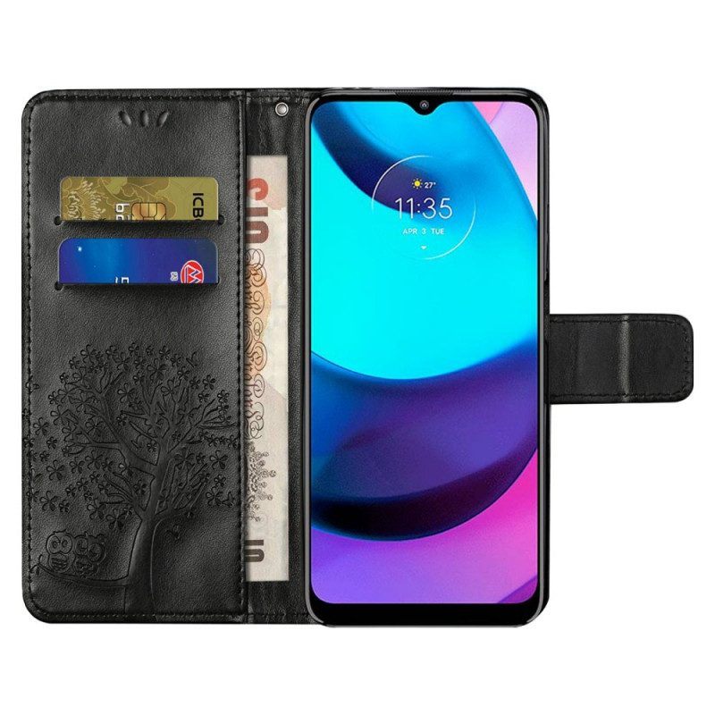 Leren Hoesje voor Moto G71 5G Met Ketting String Boom En Uilen