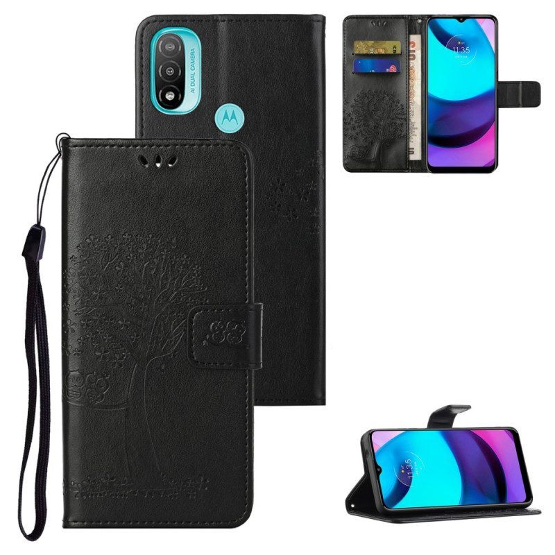 Leren Hoesje voor Moto G71 5G Met Ketting String Boom En Uilen