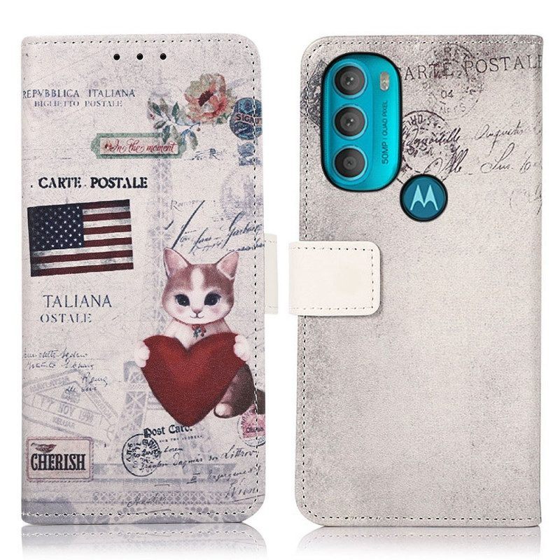 Leren Hoesje voor Moto G71 5G Reiziger Kat