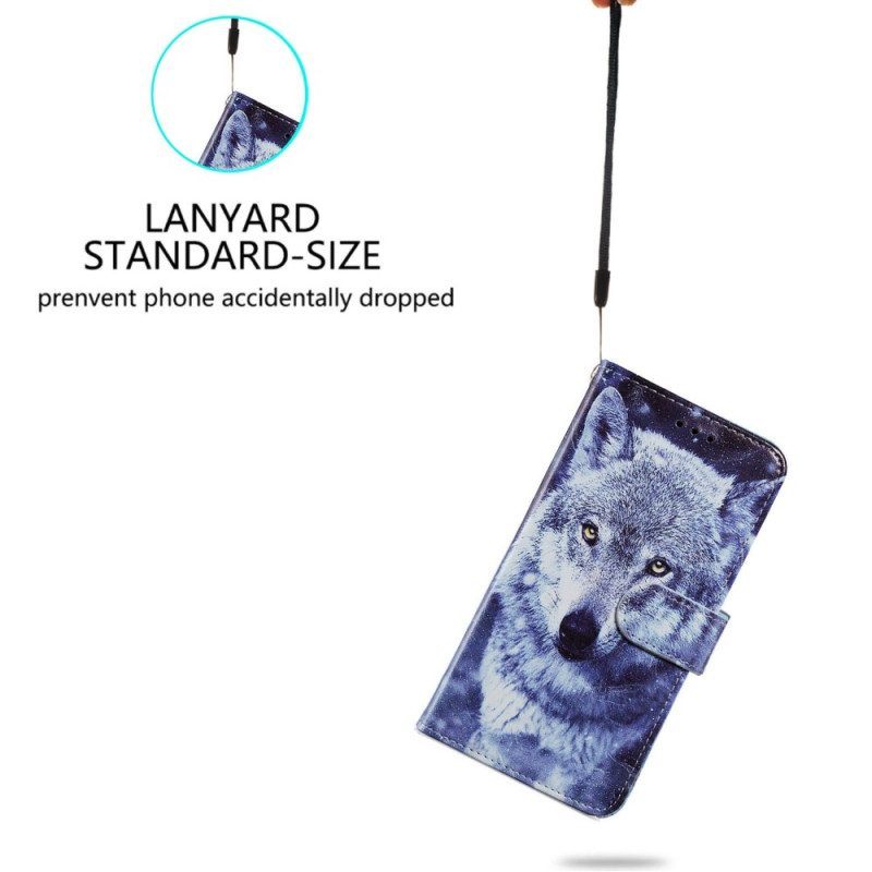 Leren Hoesje voor Moto G73 5G Met Ketting Lanyard Wolf