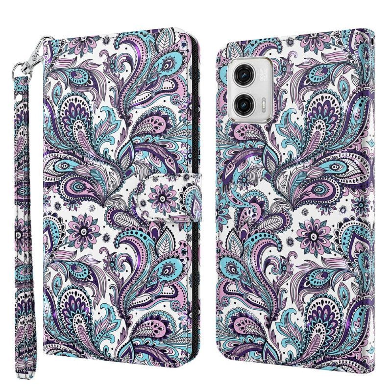 Leren Hoesje voor Moto G73 5G Met Ketting Paisley-patroon Met Bandjes