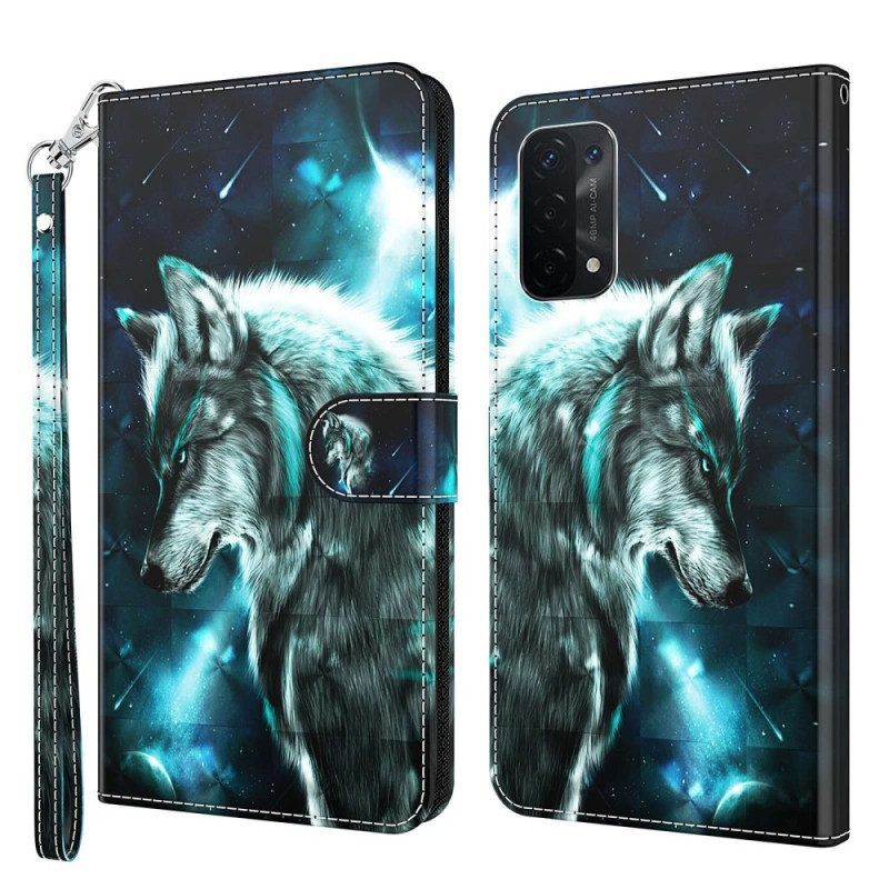 Leren Hoesje voor Oppo A54 5G / A74 5G Met Ketting Lanyard Wolf