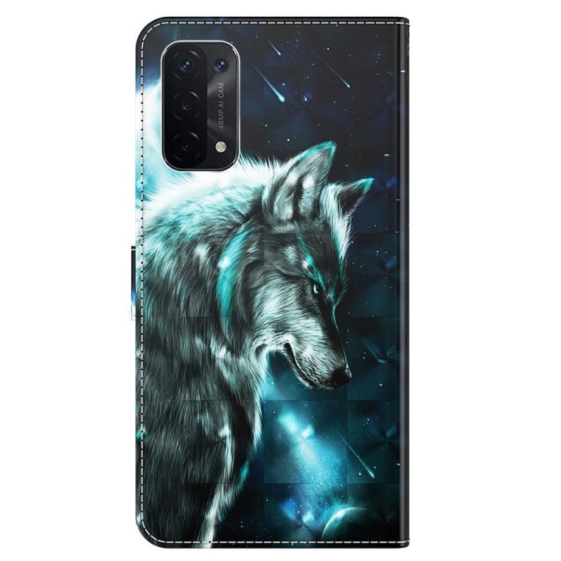 Leren Hoesje voor Oppo A54 5G / A74 5G Met Ketting Lanyard Wolf