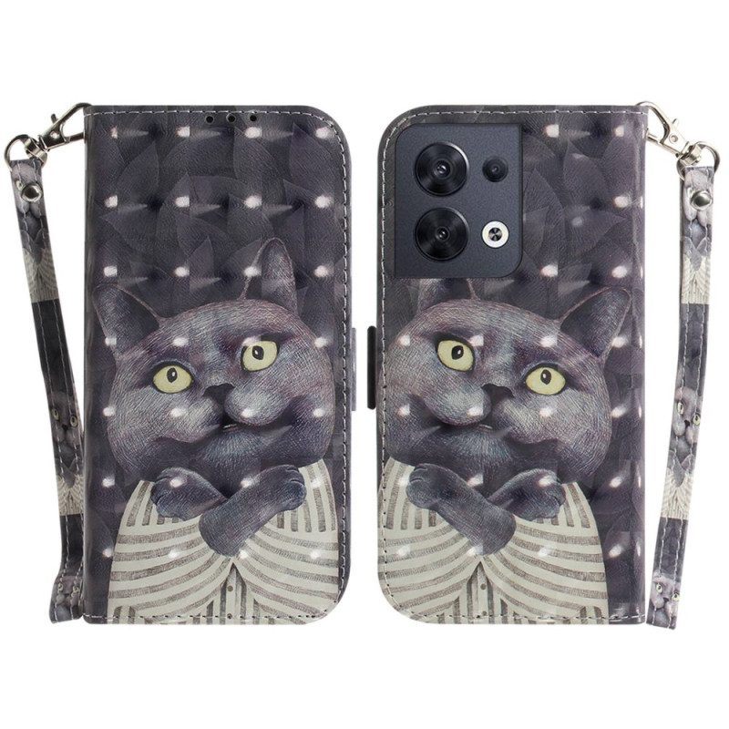 Leren Hoesje voor Oppo Reno 8 Kat Met Lanyard